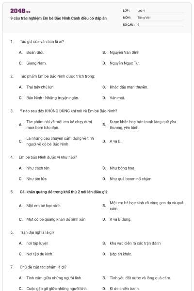 9 câu trắc nghiệm Em bé Bảo Ninh Cánh diều có đáp án