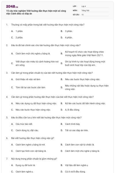 15 câu trắc nghiệm Viết hướng dẫn thực hiện một số công việc Cánh diều có đáp án