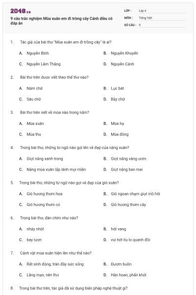 9 câu trắc nghiệm Mùa xuân em đi trồng cây Cánh diều có đáp án
