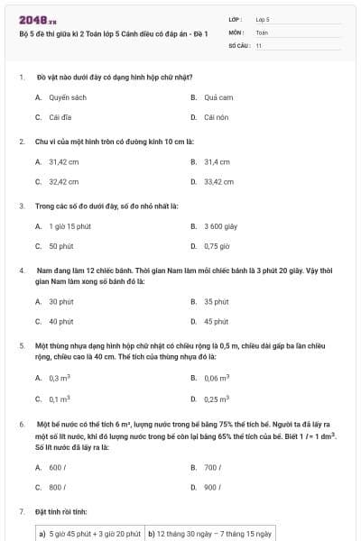 Bộ 5 đề thi giữa kì 2 Toán lớp 5 Cánh diều có đáp án - Đề 1