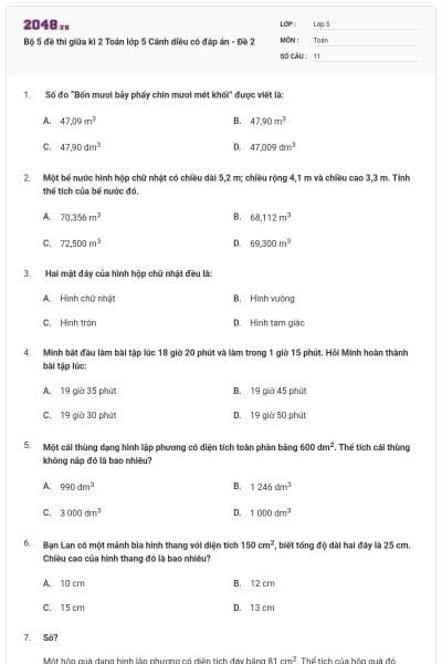 Bộ 5 đề thi giữa kì 2 Toán lớp 5 Cánh diều có đáp án - Đề 2