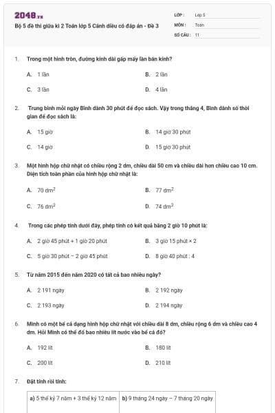 Bộ 5 đề thi giữa kì 2 Toán lớp 5 Cánh diều có đáp án - Đề 3