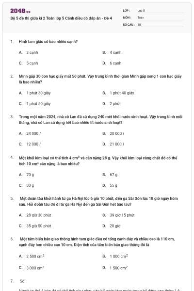 Bộ 5 đề thi giữa kì 2 Toán lớp 5 Cánh diều có đáp án - Đề 4