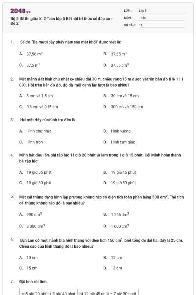 Bộ 5 đề thi giữa kì 2 Toán lớp 5 Kết nối tri thức có đáp án - Đề 2