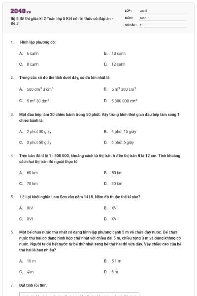 Bộ 5 đề thi giữa kì 2 Toán lớp 5 Kết nối tri thức có đáp án - Đề 3