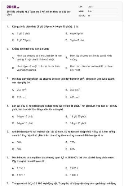Bộ 5 đề thi giữa kì 2 Toán lớp 5 Kết nối tri thức có đáp án - Đề 4