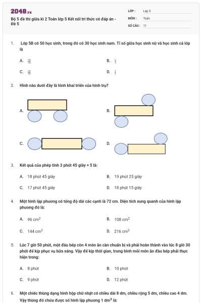 Bộ 5 đề thi giữa kì 2 Toán lớp 5 Kết nối tri thức có đáp án - Đề 5
