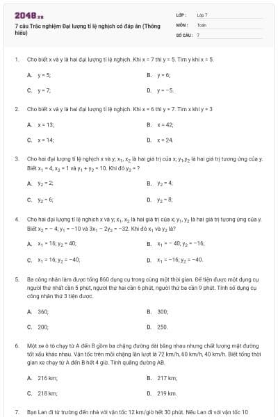 7 câu Trắc nghiệm Đại lượng tỉ lệ nghịch có đáp án (Thông hiểu)