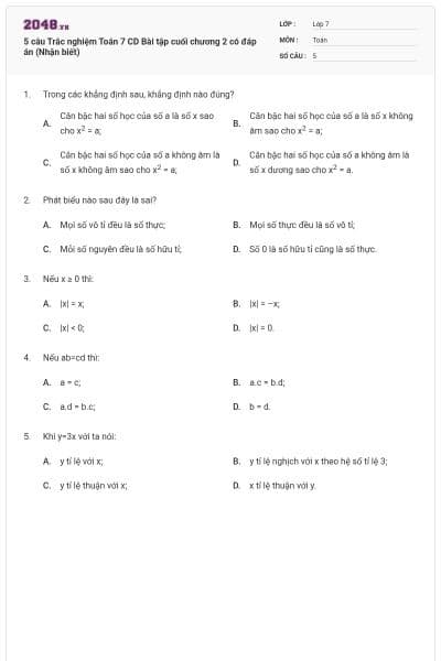 5 câu Trắc nghiệm Toán 7 CD Bài tập cuối chương 2 có đáp án (Nhận biết)