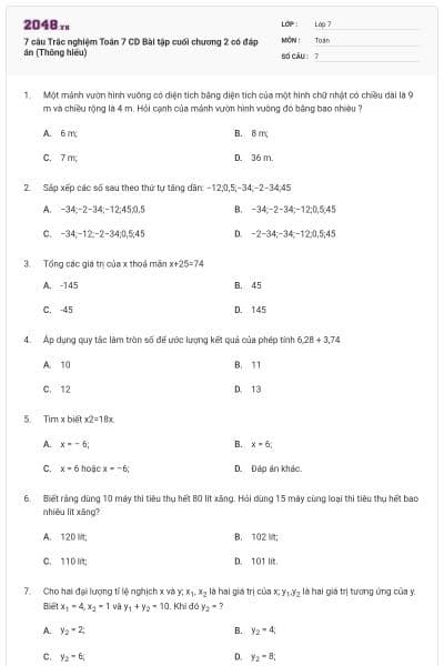 7 câu Trắc nghiệm Toán 7 CD Bài tập cuối chương 2 có đáp án (Thông hiểu)
