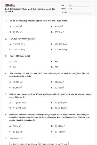Bộ 5 đề thi giữa kì 2 Toán lớp 5 Chân trời sáng tạo có đáp án - Đề 1