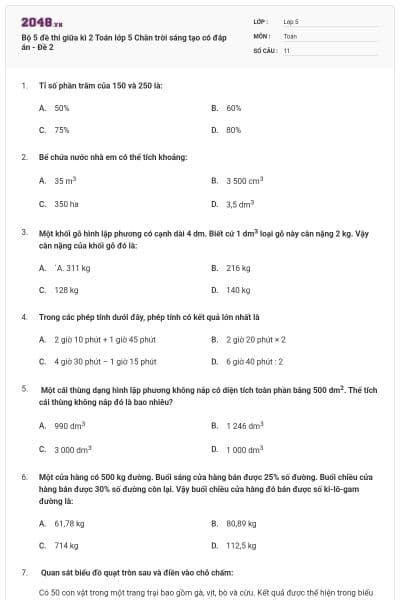 Bộ 5 đề thi giữa kì 2 Toán lớp 5 Chân trời sáng tạo có đáp án - Đề 2