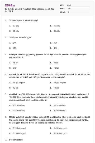 Bộ 5 đề thi giữa kì 2 Toán lớp 5 Chân trời sáng tạo có đáp án - Đề 3