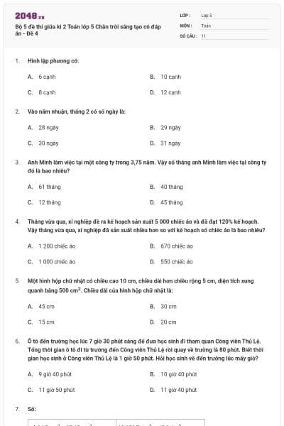 Bộ 5 đề thi giữa kì 2 Toán lớp 5 Chân trời sáng tạo có đáp án - Đề 4
