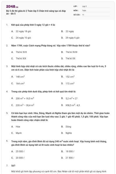 Bộ 5 đề thi giữa kì 2 Toán lớp 5 Chân trời sáng tạo có đáp án - Đề 5