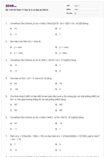 Bộ 7 Đề thi Toán 11 Học kì 2 có đáp án (Đề 6)