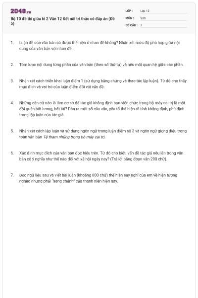Bộ 10 đề thi giữa kì 2 Văn 12 Kết nối tri thức có đáp án (Đề 5)