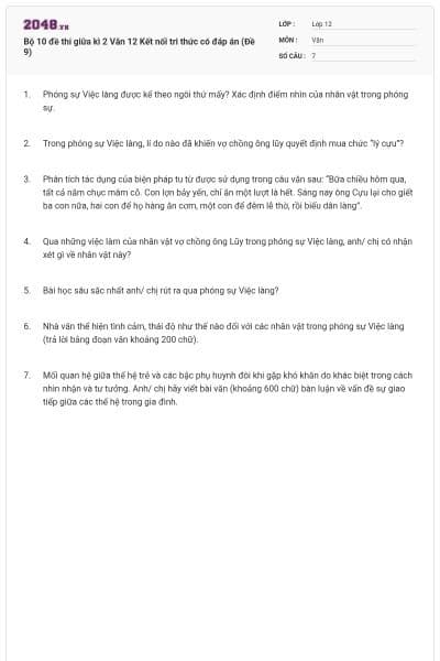 Bộ 10 đề thi giữa kì 2 Văn 12 Kết nối tri thức có đáp án (Đề 9)