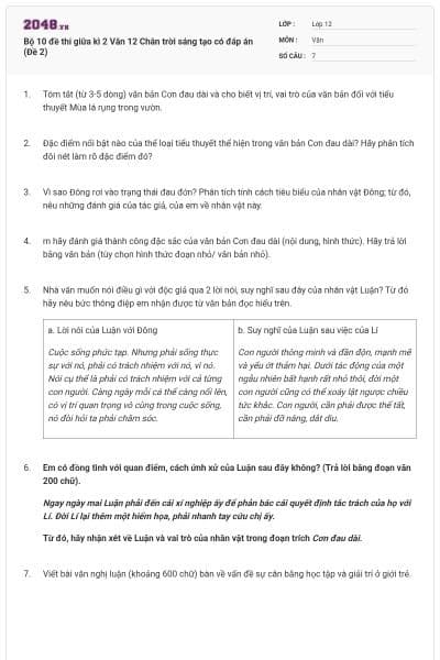 Bộ 10 đề thi giữa kì 2 Văn 12 Chân trời sáng tạo có đáp án (Đề 2)