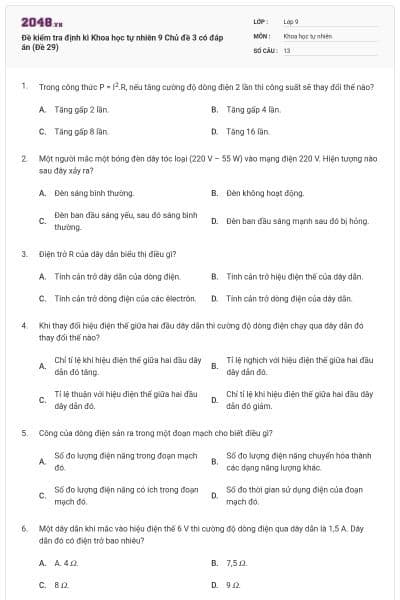 Đề kiểm tra định kì Khoa học tự nhiên 9 Chủ đề 3 có đáp án (Đề 29)