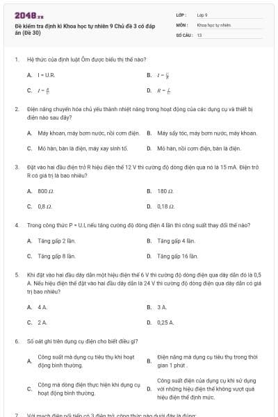 Đề kiểm tra định kì Khoa học tự nhiên 9 Chủ đề 3 có đáp án (Đề 30)