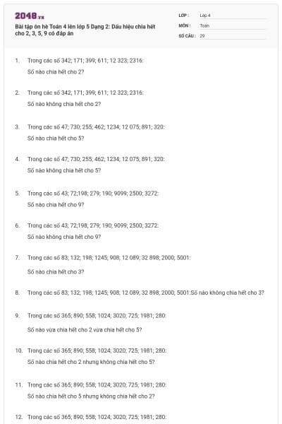 Bài tập ôn hè Toán 4 lên lớp 5 Dạng 2: Dấu hiệu chia hết cho 2, 3, 5, 9 có đáp án
