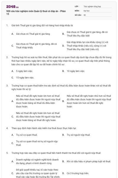 900 câu trắc nghiệm môn Quản lý thuế có đáp án - Phần 15