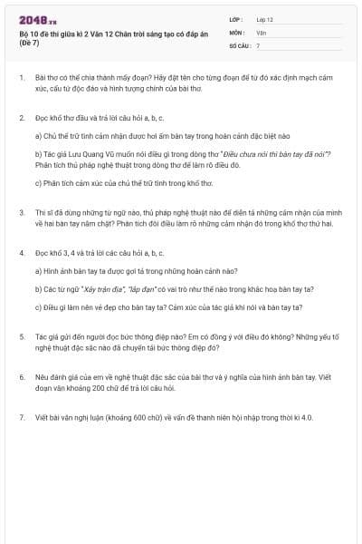 Bộ 10 đề thi giữa kì 2 Văn 12 Chân trời sáng tạo có đáp án (Đề 7)