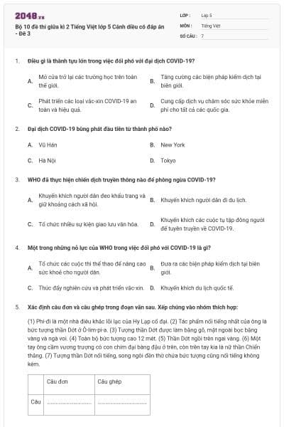 Bộ 10 đề thi giữa kì 2 Tiếng Việt lớp 5 Cánh diều có đáp án - Đê 3