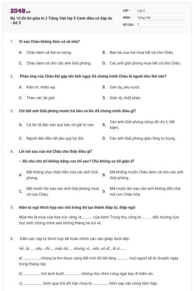 Bộ 10 đề thi giữa kì 2 Tiếng Việt lớp 5 Cánh diều có đáp án - Đê 5
