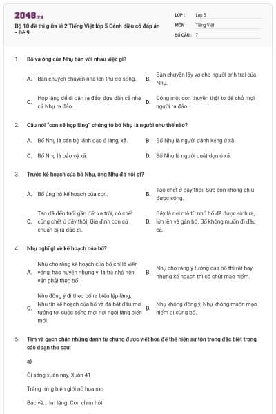 Bộ 10 đề thi giữa kì 2 Tiếng Việt lớp 5 Cánh diều có đáp án - Đê 9