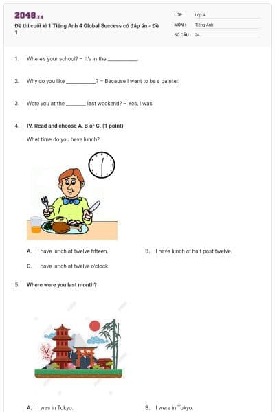Đề thi cuối kì 1 Tiếng Anh 4 Global Success có đáp án - Đề 1