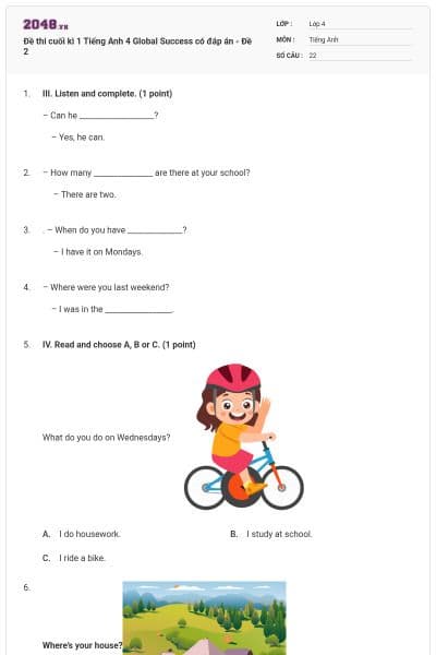 Đề thi cuối kì 1 Tiếng Anh 4 Global Success có đáp án - Đề 2