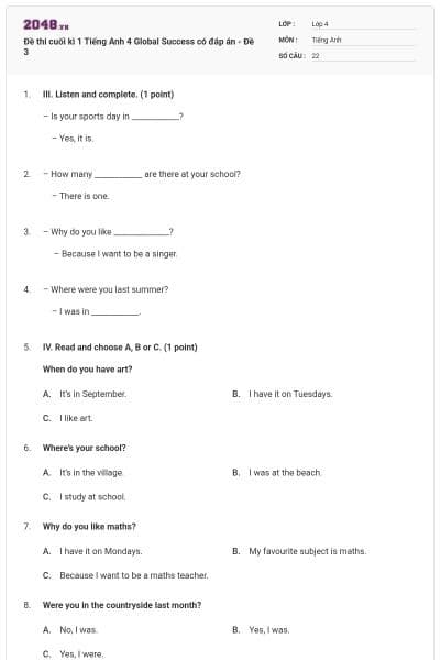 Đề thi cuối kì 1 Tiếng Anh 4 Global Success có đáp án - Đề 3