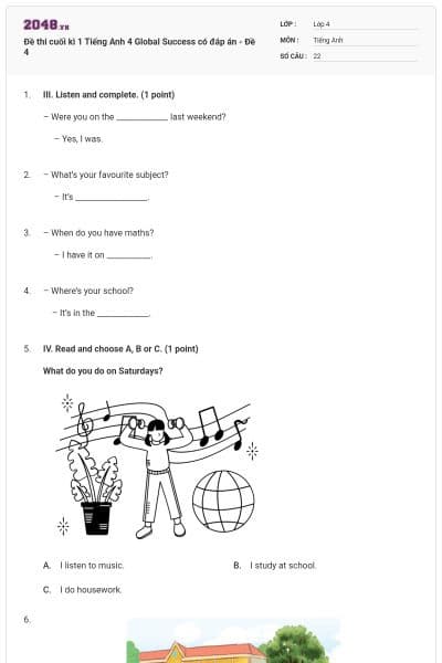 Đề thi cuối kì 1 Tiếng Anh 4 Global Success có đáp án - Đề 4