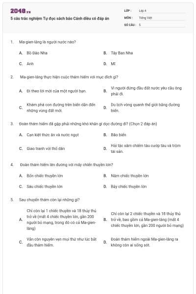 5 câu trắc nghiệm Tự đọc sách báo Cánh diều có đáp án