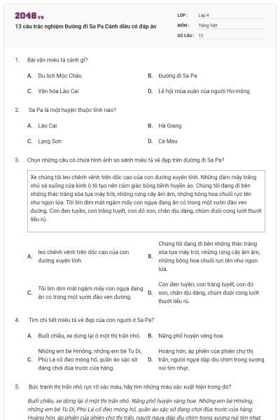 13 câu trắc nghiệm Đường đi Sa Pa Cánh diều có đáp án