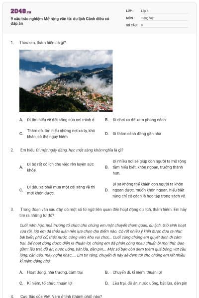 9 câu trắc nghiệm Mở rộng vốn từ: du lịch Cánh diều có đáp án