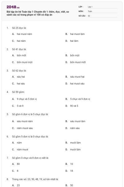 Bài tập ôn hè Toán lớp 1 Chuyên đề 1: Đếm, đọc, viết, so sánh các số trong phạm vi 100 có đáp án