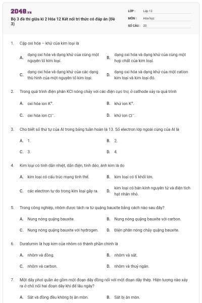 Bộ 3 đề thi giữa kì 2 Hóa 12 Kết nối tri thức có đáp án (Đề 3)