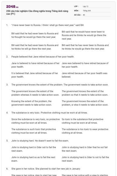 250 câu trắc nghiệm Câu đồng nghĩa trong Tiếng Anh nâng cao (P1)