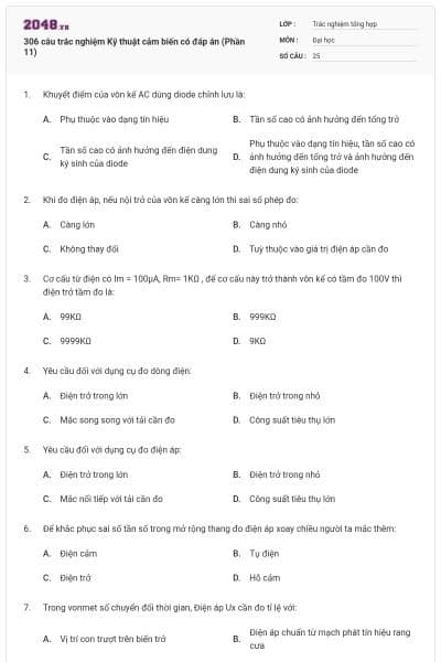 306 câu trắc nghiệm Kỹ thuật cảm biến có đáp án (Phần 11)