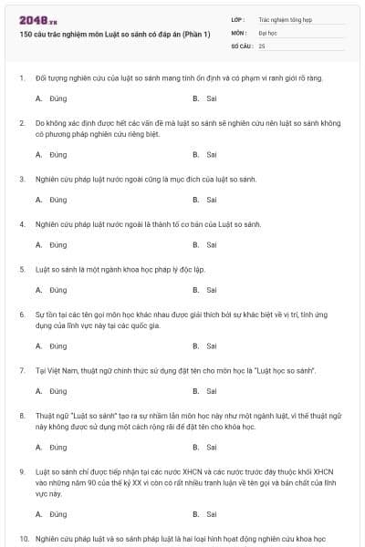 150 câu trắc nghiệm môn Luật so sánh có đáp án (Phần 1)