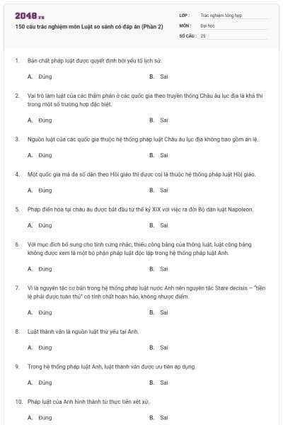 150 câu trắc nghiệm môn Luật so sánh có đáp án (Phần 2)
