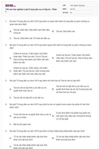 195 câu trắc nghiệm Luật tố tụng dân sự có đáp án - Phần 1