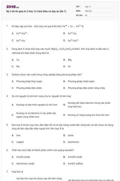 Bộ 3 đề thi giữa kì 2 Hóa 12 Cánh Diều có đáp án (Đề 1)