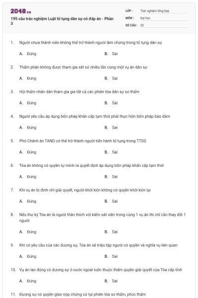 195 câu trắc nghiệm Luật tố tụng dân sự có đáp án - Phần 3