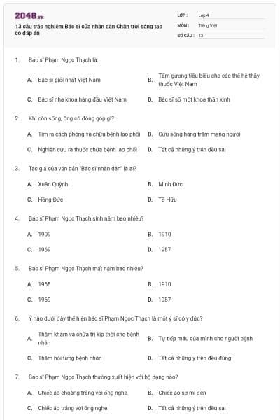 13 câu trắc nghiệm Bác sĩ của nhân dân Chân trời sáng tạo có đáp án