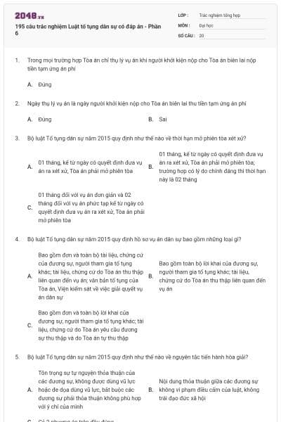 195 câu trắc nghiệm Luật tố tụng dân sự có đáp án - Phần 6
