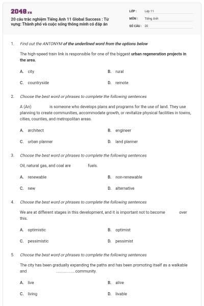 20 câu trắc nghiệm Tiếng Anh 11 Global Success : Từ vựng: Thành phố và cuộc sống thông minh có đáp án
